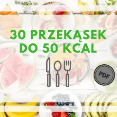 Kolorowe owoce na białym tle, tekst "30 PRZEKĄSEK DO 50 KCAL" i ikona PDF.